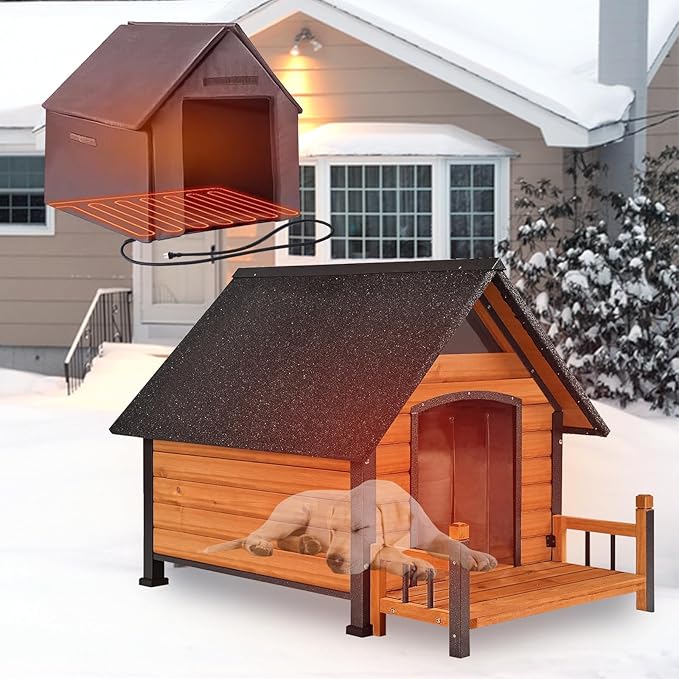 GUTINNEEN Outdoor Heated Dog House Insulated Dog Kennel with All-Around Metal Frame, Weatherproof Anti-Bite Dog Shelter with Porch, Wooden Puppy Home Indoor(Brown, 45’’ Medium)