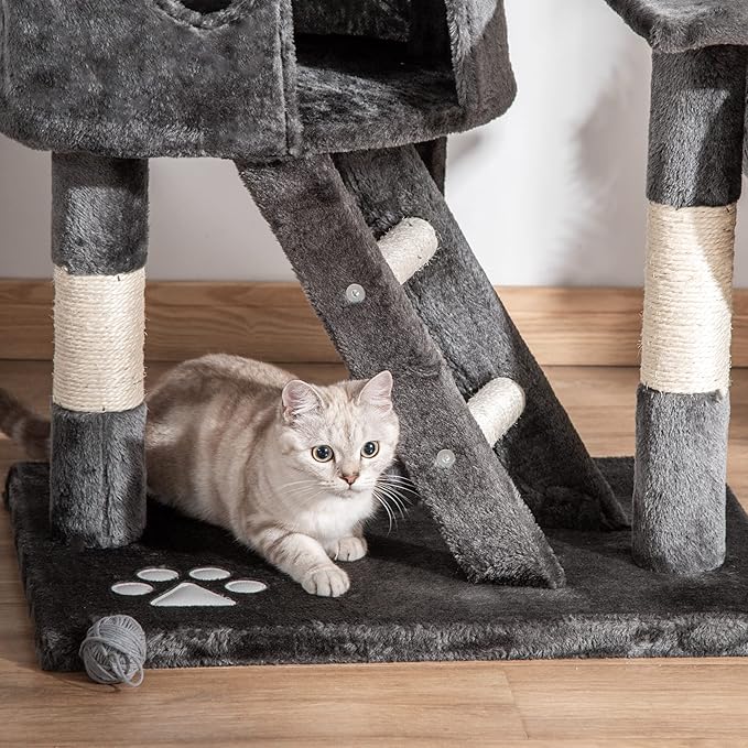 PawHut Floor to Ceiling Cat Tree, 240-260cm Adjustable Height Cat Tower with Scratching Posts, Cat Houses, Ramps, Hammocks, Toy Balls, Tunnel for Indoor Cats - Dark Grey