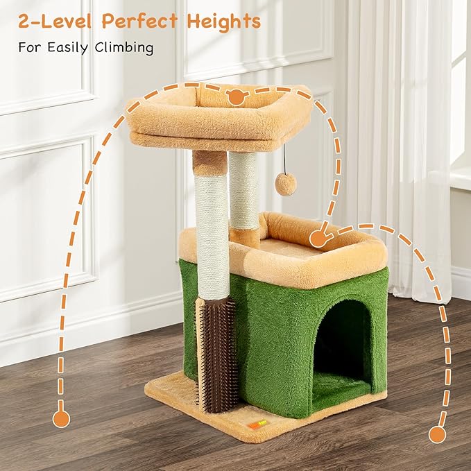 Small Cat Tree for Indoor Cats, Cat Scratching Post with Condo, Tower, Plush Cozy Perch, Massage Brush, Activity Hanging Pompoms for Kittens (Green)