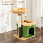 Small Cat Tree for Indoor Cats, Cat Scratching Post with Condo, Tower, Plush Cozy Perch, Massage Brush, Activity Hanging Pompoms for Kittens (Green)