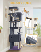 Cat Tree, 200cm XXL Cat Tree with 10 Scratching Posts, 2 Caves, 2 Hammocks, Large Platform, Cat Brushes, Basket, Heavy Duty Cat Tree for Maine Coons, Large Cats, Dark Grey MS20018SG