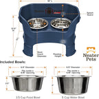 Neater Feeder Deluxe Mess-Proof Elevated Dog Bowls for Medium Dogs (19–40 lbs), 2 Height Adjustable (10” & 12.5”) No-Spill Raised Dog Bowl Stand, Stainless Steel Food Bowl Set, Made in USA, Dark Blue