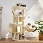 Heybly Cat Tree, 39.4 Inches Tower Condo with Scratching Post, Cat Tower for Indoor Cats, Fully Wrapped Sisal Pole, Soft Platform, 2 Baskets and Dangling Toy, Beige HCT006SM