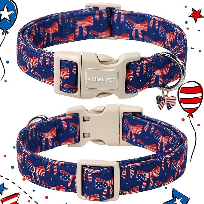 ARING PET 4th of July Collars for Dogs, Fourth of July Patriotic Bow Flag Red Blue Dog Collar for Puppy Small Medium Large Boy Girl Doggy-XS