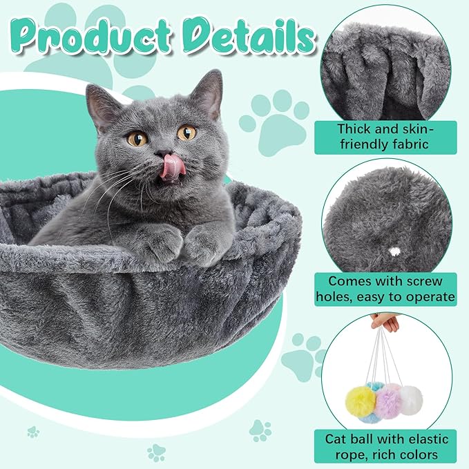 3 Pack 14.6" Large Cat Tree Hammock Basket Bed Lounger Tower Replacement Parts with 6 Pcs Hanging Elastic Strings Pom Pom Toys, Cat Tree Accessories Hammock Attachment (Gray)