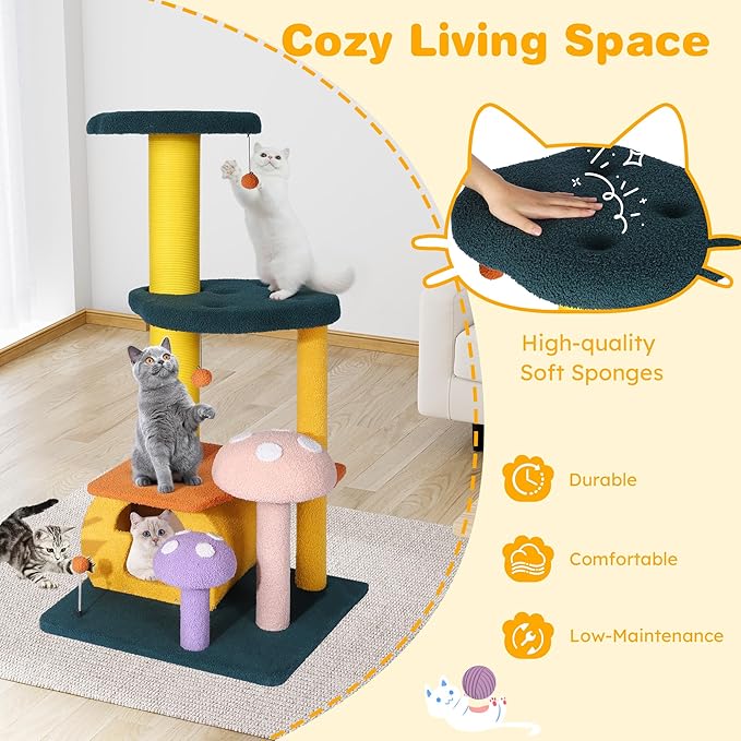 KAMABOKO Mushroom Cat Tree, Cute Cat Tower with Full-Wrapped Sisal Posts, Scratching Boards & Interactive Balls, Multi-Level Cat Activity Tree