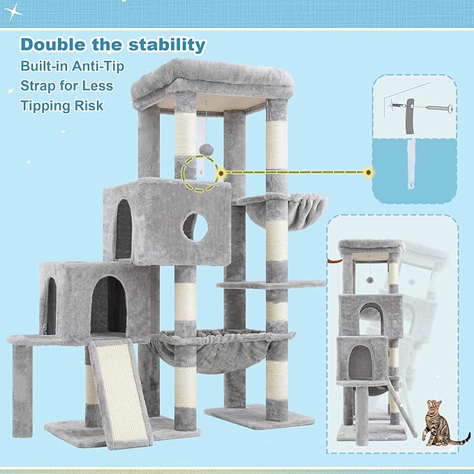 Hey-brother Cat Tree Tower, Scratching Posts with Big Platform, 2 Condos, Spacious Hammock, Cozy Basket, Sisal Board for Indoor Large Adults, 50 Inches Progressive Climbing House, Light Gray MPJ071W