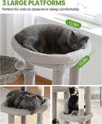 Cat Tree Tower for Indoor Cats, 67 inch Multi-Level Tall Climbing Tower with 3 Large Platform, Scratching Post, Hammock, Kitty Condo for Multiple Cats, Modern Cat Tree Furniture Heavy Duty, Light Grey