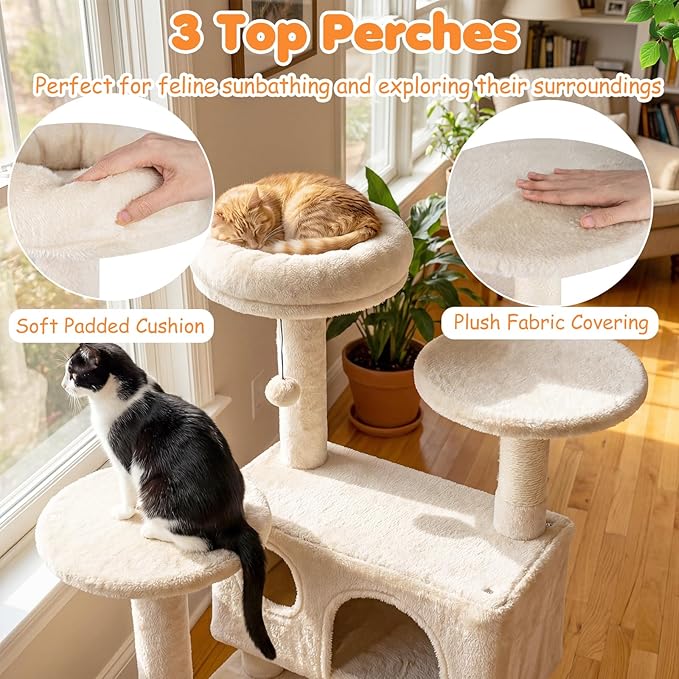 Tangkula Cat Tree Tower, 52 Inch Multi-Level Cat Tower with Sisal Scratching Posts, Cushioned Top Perch, Large Dual Condos & Ladder, 2 Hanging Balls, Jumping Platforms for Indoor Cats (Beige)