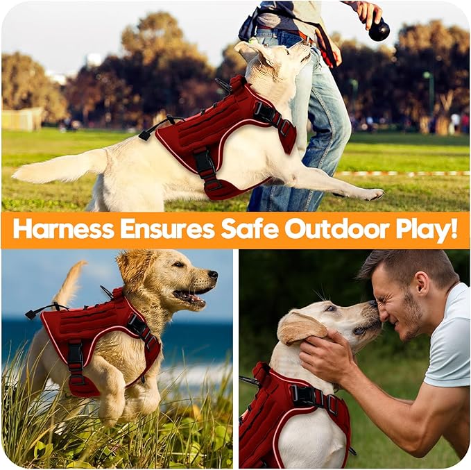 Heavy-Duty Tactical Dog Harness for Large Dogs, No Pull Adjustable Reflective Pet Vest with Molle System, K9 Military-Grade Control for Service Training, Outdoor & 10+ Breeds, Red, X-Large