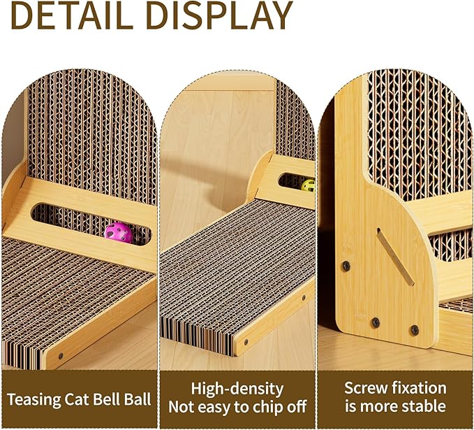 L-Shaped Cat Scratcher for Indoor Cats – Durable Cardboard Scratching Pad with Ball Toy & Catnip, Furniture Protector Cat Scratcher Lounge, Large Cat Scratch Board (Natural Design)