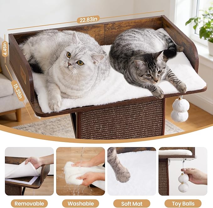 cfor Indoor Large Cats, Cat Scratching Posts with Big Perch Bed, Wooden Cat Condo with Hammock, Removable Pads, Kitty Furniture, Rustic Brown