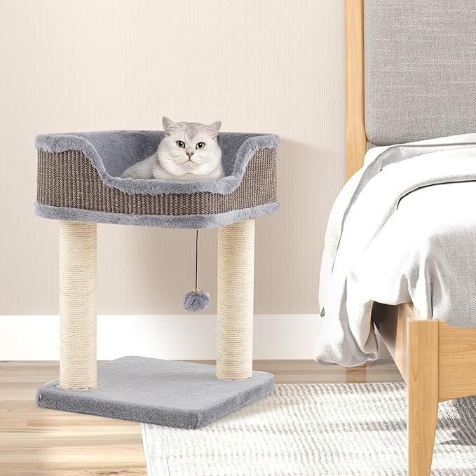 Tangkula Small Cat Tree for Indoor Cats, Modern Carpeted Cat Tower with Soft Plush Perch, Cat Condo Cat Bed with Scratching Posts, Dangling Ball, Cute Cat Activity Tree for Play Rest (Light Gray)