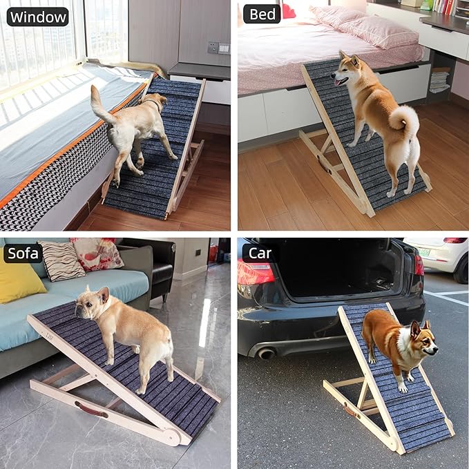ZJSF Foldable Dog Ramp for High Bed, Wooden Dog Stairs to Bed for Small and Large Dogs, High Traction Platform with 6 Adjustable Heights (12.2"-26"), 39.7", Supports up to 230 lbs