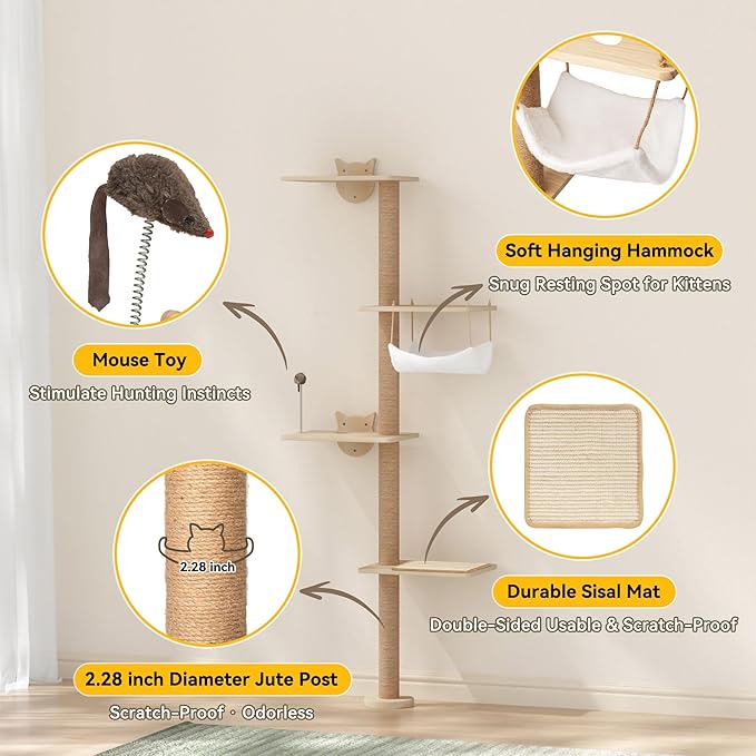 COZIWOW Cat Tree Wall Mounted 69" Tall Sisal Scratching Post 4 Tier Cats Climbing Tower, Cat Wall Furniture Kitten Shelves with Hammock Hanging Toys Wild Simulation, Large Perch Suitable for Lookout