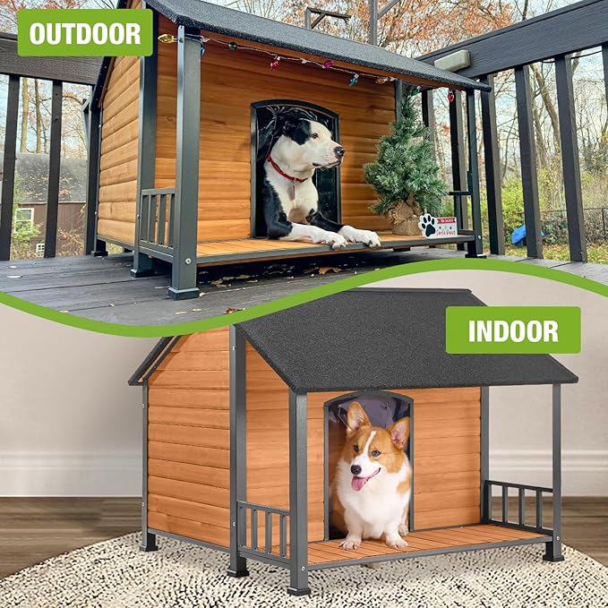 GUTINNEEN Heated Dog House Outdoor for Winter, Extra Large Dog Kennel with Metal Frame for Large Breeds, Insulated Dog Shelter with Heated Pad and Insulated Liner, Waterproof Asphalt Roof, Large Porch