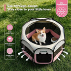 Dog Playpen, Portable Puppy Pet Crate Indoors for Small/Medium Dogs Cats Rabbits, Foldable Dog Cage Enclosure for Outdoor, Pop Up Dogs Tent Kennel with Carrying Case, Pink