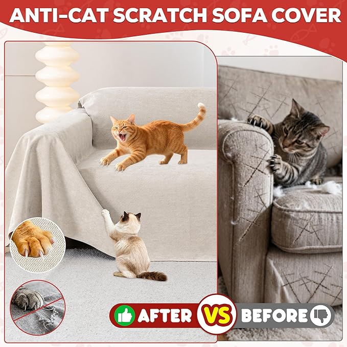 Cat Scratch Furniture Protector - Anti-Slip, Waterproof Sofa Cover to Keep Cats Off, Pet-Friendly Couch Protectors for 3 Cushion Couch, Khaki Anti-Scratch Couch Cover for Pets and Kids 150"X71"
