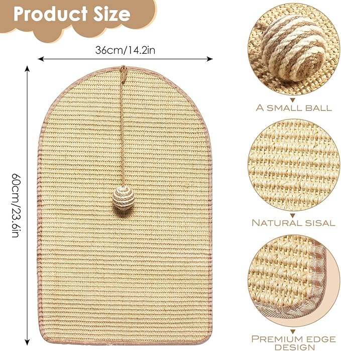 Natural Sisal Cat Scratcher Mat with Sisal Ball, Cat Wall Scratcher Cat Scratchers for Indoor Cats with Velcro Tapes, Cat Scratch Pad Carpet Rug, Wall Mounted Cat Scratching Mat Protect Wall and Sofas