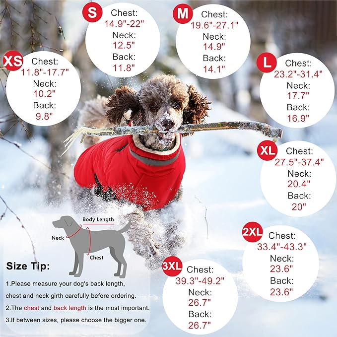 Dogcheer Dog Coat with Harness, Waterproof Dog Jacket Adjustable Pet Winter Coat with Zipper, Christmas Puppy Snow Jacket Fleece Sweater for Small Medium Large Dogs - Red XL