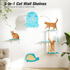 COZIWOW 4-Piece Wall-Mounted Cat Tree Set – Sturdy Wood Pet House, Scratching Board, Platforms, Sisal Posts & Blue Fish Charm – Ocean Blue