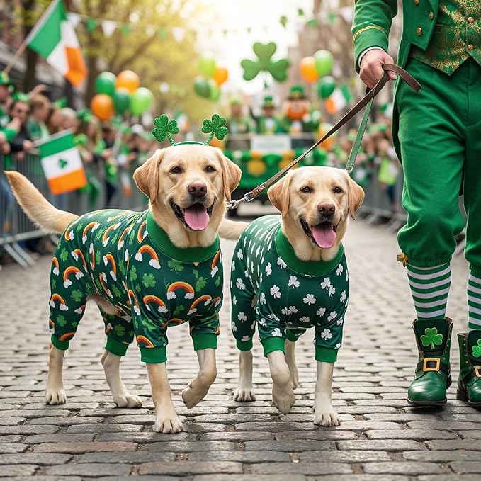 Vehomy 2-Pack St.Patrick's Day Dog Pajamas Clover Rainbow Pet Jumpsuits Puppy Pjs Lucky Shamrock Dog Onesie St Patricks Dog Jammies Costume Outfit Clothes for Small Medium Large Dogs 3XL