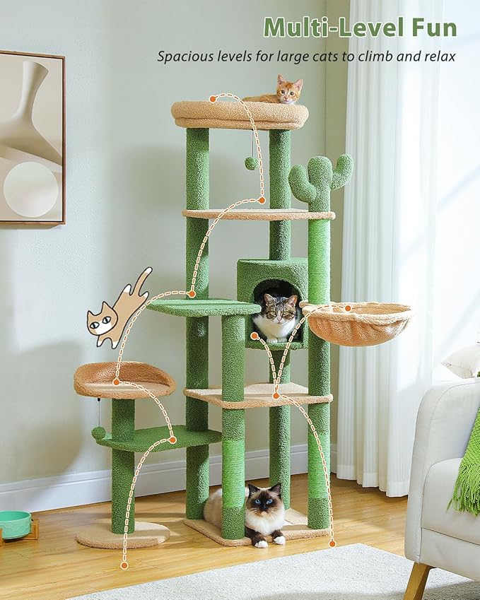 59" Cactus Cat Tree, Large Cat Tree for Indoor Cats, Cat Tower for Large Cats, Multi-Level Tower, Condo with Hammock, Scratching Post, and 2 Perches, Green
