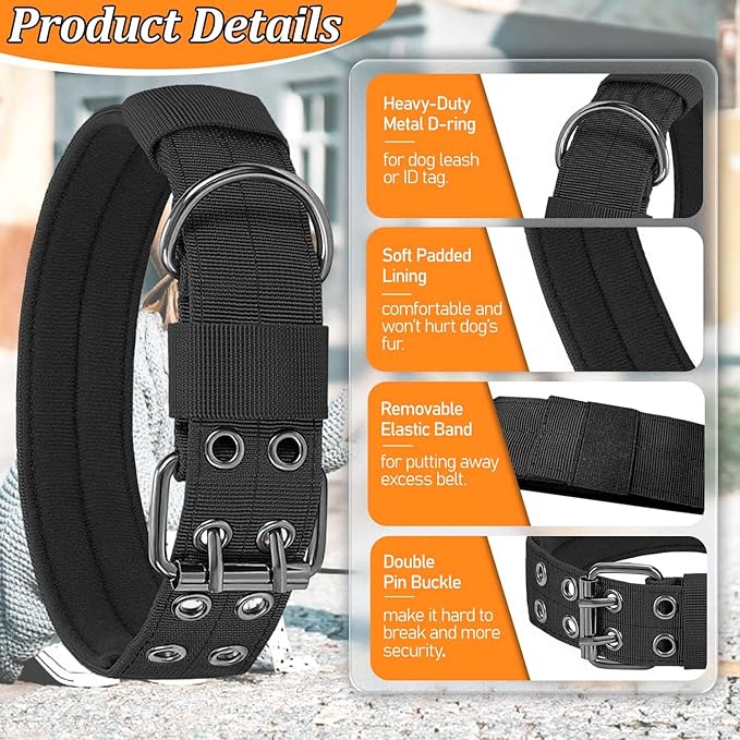 Tactical Dog Collar Military Dog Collar Adjustable Training Nylon Collar Heavy Duty Metal Buckle Tactical Collars for Medium Large, with Black Patch (Black, Large)