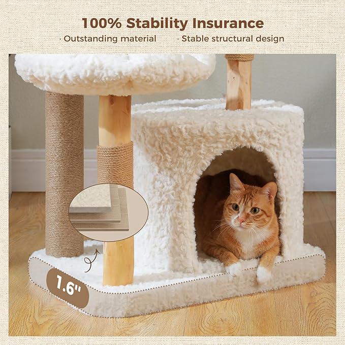 PEQULTI 48.5'' Modern Cat Tree for Large Indoor Cats Solid Wood Cat Tower with Luxury Cat Condo, Cozy Hammock, Scratching Post, Rattan Perch and Flower Cat Bed, White
