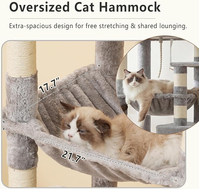Heybly Heavy Duty Cat Tree, 64.2-Inch Tall Tower for Large Indoor Cats with Widened Structure, Cat Furniture with Big Platforms, Extra-Large Hammock, Sisal Scratching Posts & Board, Light Gray HCT027W