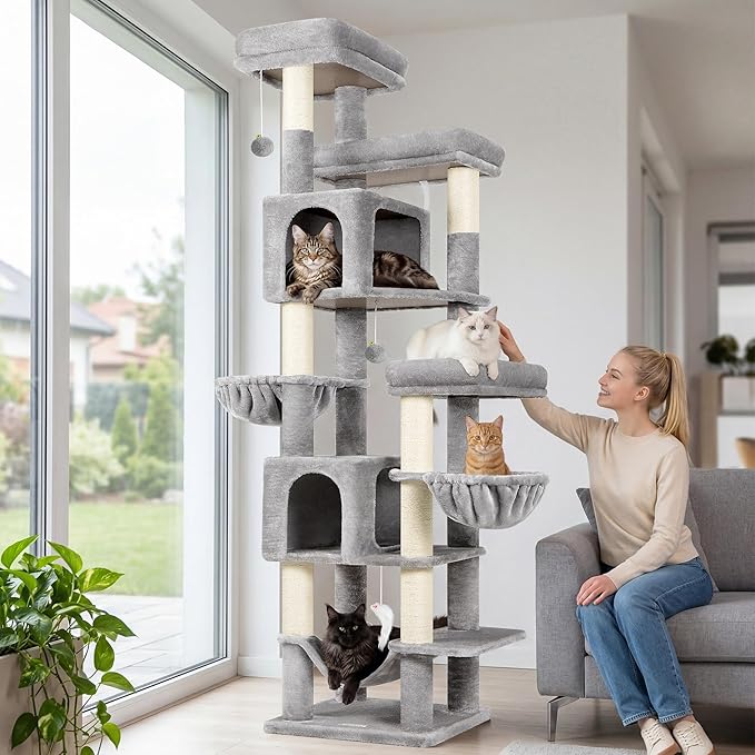Globlazer 82 Inch Cat Tree for Large Cats, Multi-Level Tall Cat Tower for 4+ Cats with 2 Condos & 3 Perches, Stable No-Wobble Large Base, Space-Saving Corner Furniture, F82B, Light Gray