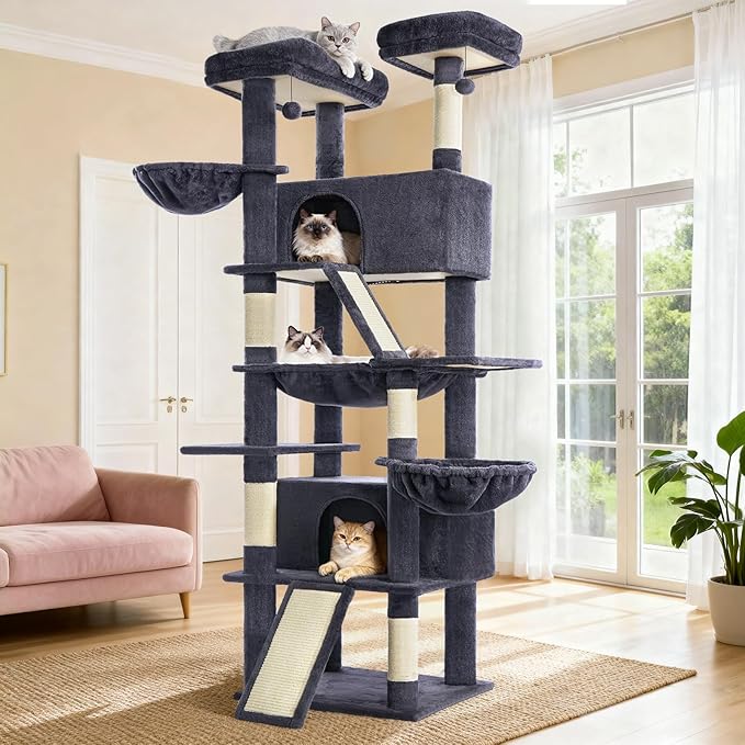 Cat Tree 82 in Multi-Level Cat Tower for Indoor Cats, Heavy Duty Large Cat Tree with Sisal Scratching Posts, Hammock, 2 Perches, 2 Condos, 2 Hanging Baskets, Dark Grey