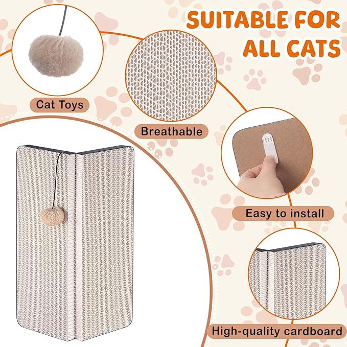 Aliceset 2 Pack 17.25 x 13 Inch Self Adhesive Wall Mounted Cat Wall Corner Scratcher Pad for Indoor Cat Kitten Scratcher Cardboard for Protector Furniture Couch Sofa with Ball Toy and Adhesive Tapes