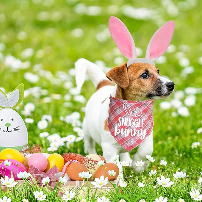 Easter Dog Bandana Bunny Costumes, Easter Bunny Dog Headband Buffalo Plaid Dog Easter Bandanas for Small Medium Large Dogs