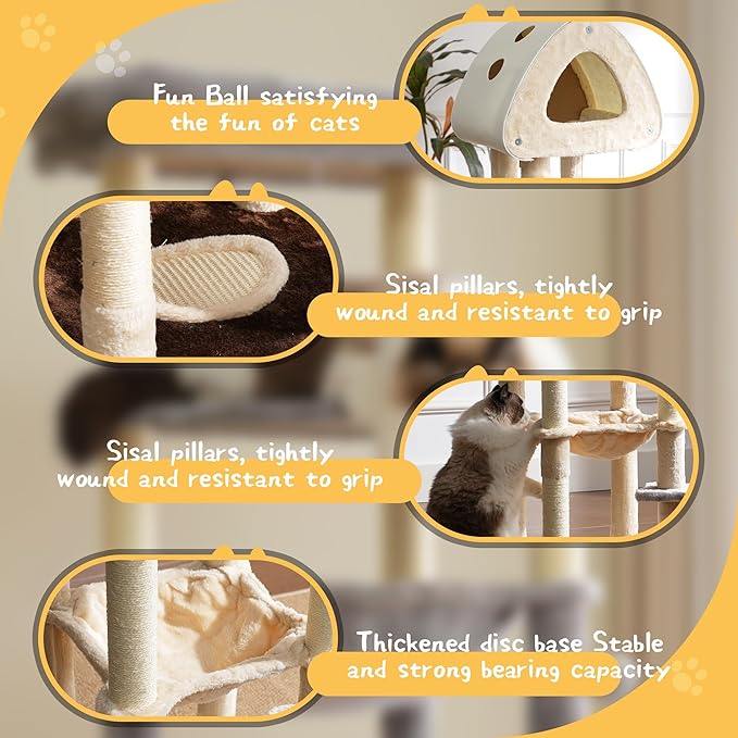 Cat Tree Tower, 56.3-Inch Multi-Level Cat Tree for Indoor Cats with Scratching Posts, Condos, Plush Perches, Hanging Cat Toy, Cute Cat Tree for Kittens & Adult Cats, Brown
