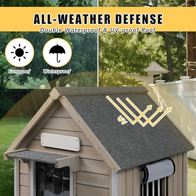 Small Dog House Indoor, Wooden Outdoor Dog House with Waterproof Roof, Chew-Proof Iron Frame, Doghouse Kennel Puppy Shelter for Small Medium Dogs,26" L x 34.6" W x 32" H