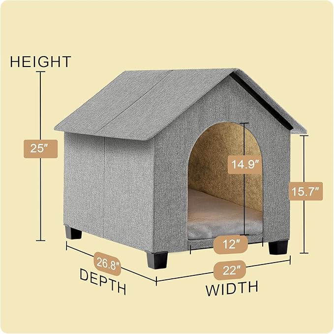 Indoor Dog House, Elevated Foldable Dog Cave Bed with Removable Plush Mat for Medium Dogs and Cats Up to 23.6 Inches Long