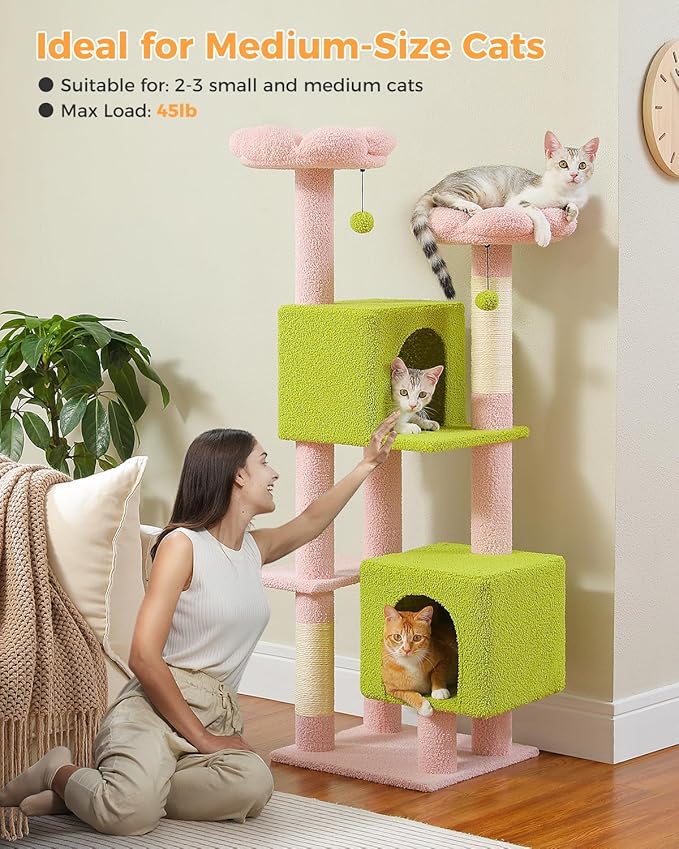 PEQULTI 53" Cat Tree for Indoor Cats, Multi-Level Cat Tower with Cozy Cat Condo Clearance Prime, Pink