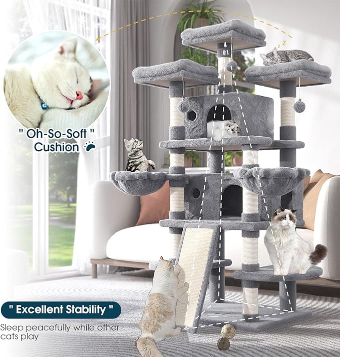 WEEWAY 68 Inches Multi-Level Large Cat Tree for Feline‌/Big Tower/Condo/Cozy Plush Kitty Perches/Fluffy Balls/Sisal Scratching Posts and Hammocks/Cave/Furniture Activity Center/Grey