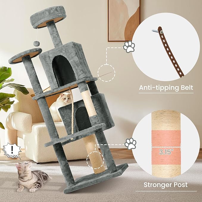 58.5inch Large Cat Tree Tower Condo for Indoor Cats, Soft Plush Multi-Level Climbing Tree Cat House with Cat Cave, Scratching Post, More Entrance/Exit, Sisal Rope, Grey