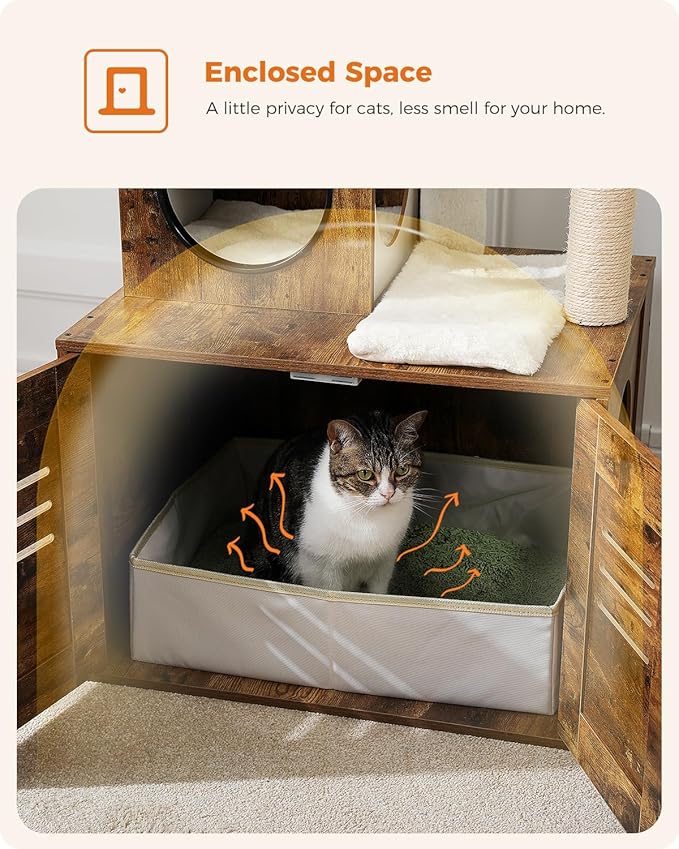 Cat Tree with Litter Box Enclosure, 50" Modern Cat Tree for Large/Fat Cats with Cat Condo, Wooden Cat Furniture with Large Hammock and Top Perch, Rustic Brown