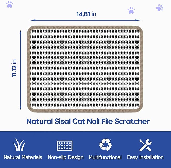 Cat Nail File Scratcher - Natural Sisal Scratch Mat with 80-Grit Aluminum Oxide, Adhesive Sheets & Expansion Screws for Secure Wall/Floor Mounting, Ideal for Trimming Cat Claws 11.12"x14.81"