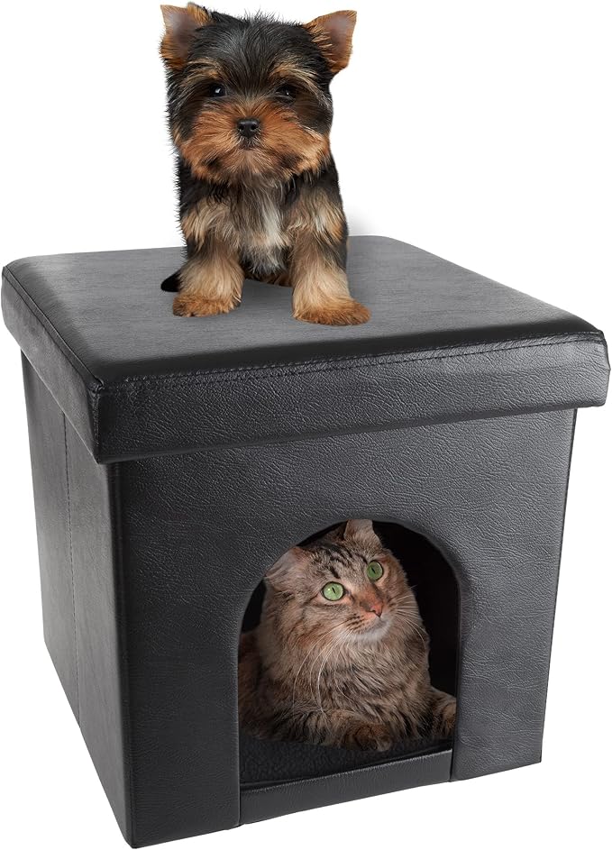 Cat House – Collapsible Multipurpose Small Dog or Cat Ottoman with Footrest, Cushioned Top, and Interior Pillow by PETMAKER (Black)