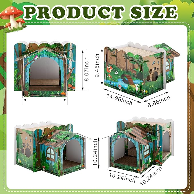 2 Story Cardboard Cat House with Scratcher Pad for Small Kitten,17x12x10 Multi Level Durable Cat Condo & Villa for Bunny Rabbit Small Animals Christmas Birthday Gift(17x12x10,Forest)