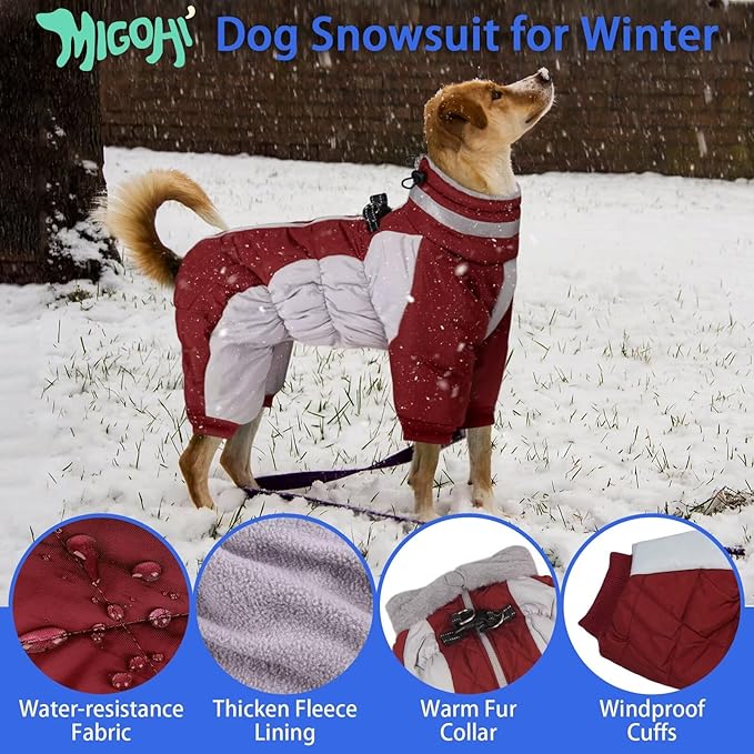 MIGOHI Full Body Dog Coat - Warm Reflective Small Dog Winter Coat with Harness, Turtleneck Fleece Jacket for Dogs,Four-Leg Windproof Puffer Jackets Snowsuit with Zipper for Small Medium Large Dogs,S