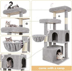Globlazer Cat Tree Tower with Scratching Post for Indoor Cats, 55inch Tall Plush Multi-Level Cat Climbing Tower Condo House with Hanging Basket, 2 Spacious Cat Cave, F55, Beige (Light Gray)