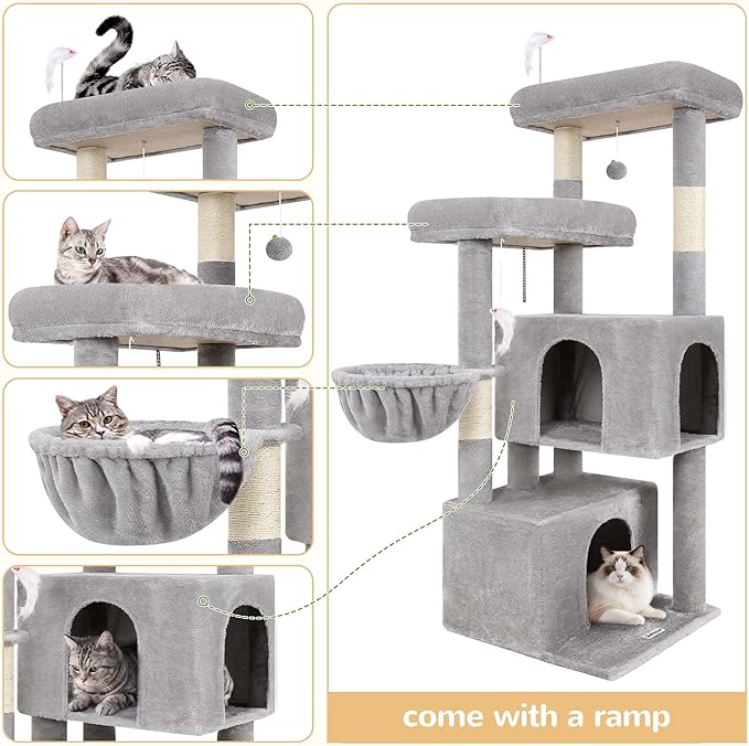 Globlazer Cat Tree Tower with Scratching Post for Indoor Cats, 55inch Tall Plush Multi-Level Cat Climbing Tower Condo House with Hanging Basket, 2 Spacious Cat Cave, F55, Beige (Light Gray)