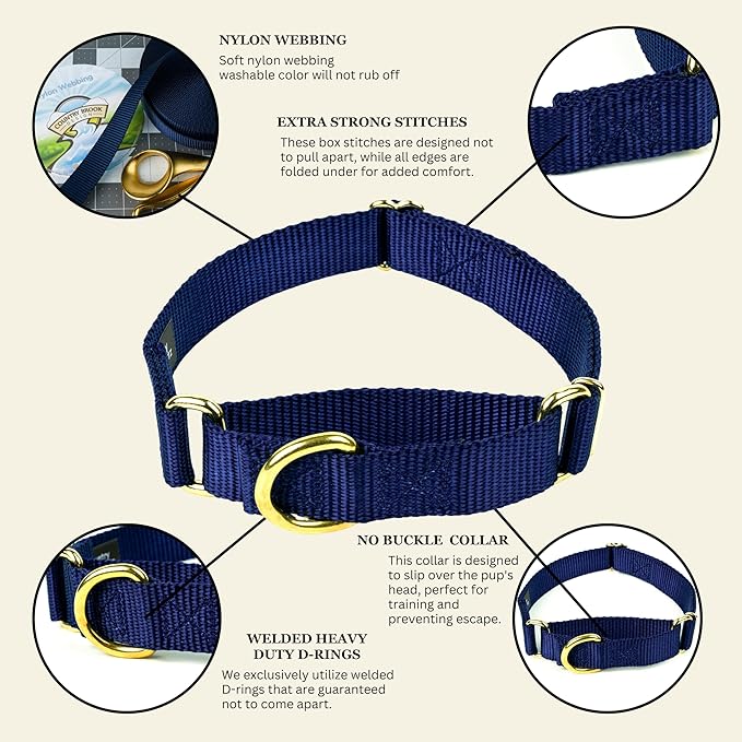 Country Brook Petz - Martingale Dog Collar - Heavy-Duty Training Collar with No Buckle - Service Dog Collar for All Pups - 10+ Cool Colors (Navy Blue, 3/4 Inch, Small)