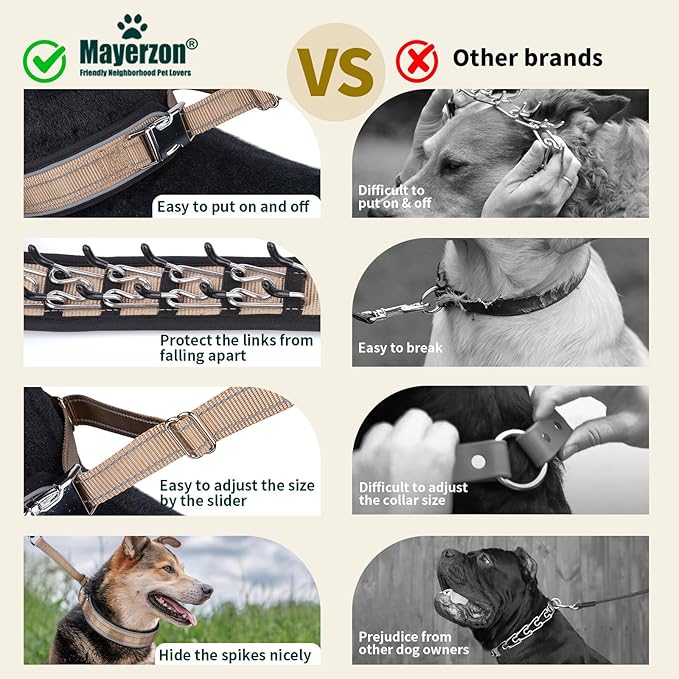 Mayerzon Prong Collar for Large Medium Dogs, Patented Reflective Pinch Collar with Metal Buckle, No Pull Adjustable Hidden Covered Dog Walking Training for Pitbull German Shepherd Doberman(Brown, L)