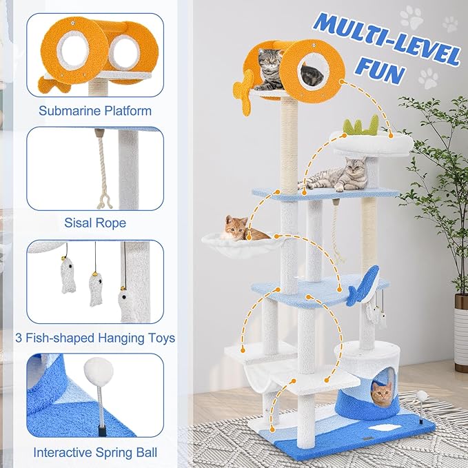 PETSITE Ocean-Themed Cat Tree for Indoor Cats, Multi-Level Cat Tower with Natural Sisal Scratching Posts, Hanging Toys and Padded Top Perch, Modern Cat Tree for Large Cats 20 lbs Heavy Duty (66")